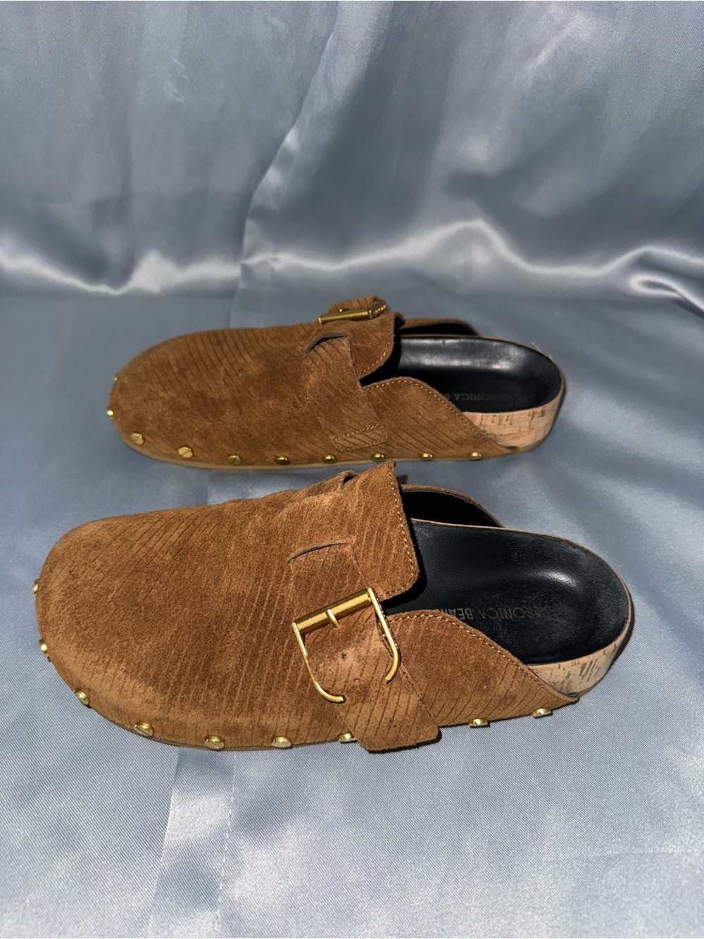 Veronica Beard Men's Brown Suede Slip-On Clogs with Gold Buckle